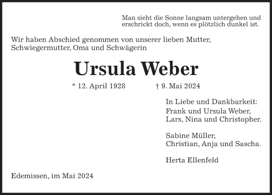 Traueranzeige von Ursula Weber von Peiner Allgemeine Zeitung