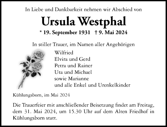 Traueranzeige von Ursula Westphal von Ostsee-Zeitung GmbH