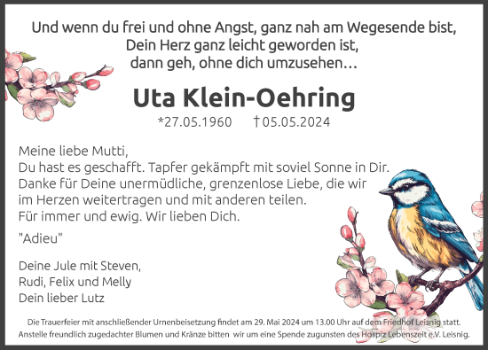 Traueranzeige von Uta Klein-Oehring von Leipziger Volkszeitung