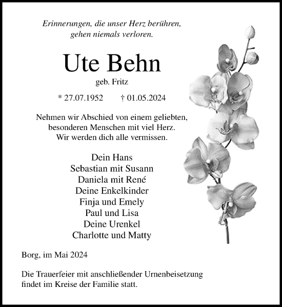 Traueranzeige von Ute Behn von Ostsee-Zeitung GmbH