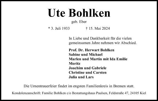 Traueranzeige von Ute Bohlken von Kieler Nachrichten