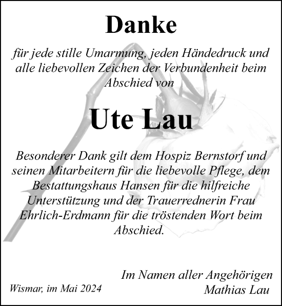 Traueranzeige von Ute Lau von Ostsee-Zeitung GmbH