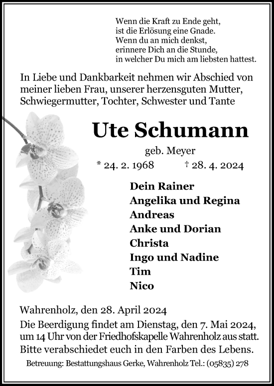 Traueranzeige von Ute Schumann von Aller Zeitung