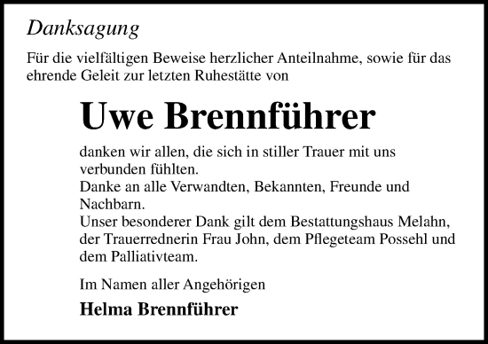 Traueranzeige von Uwe Brennführer von Ostsee-Zeitung GmbH