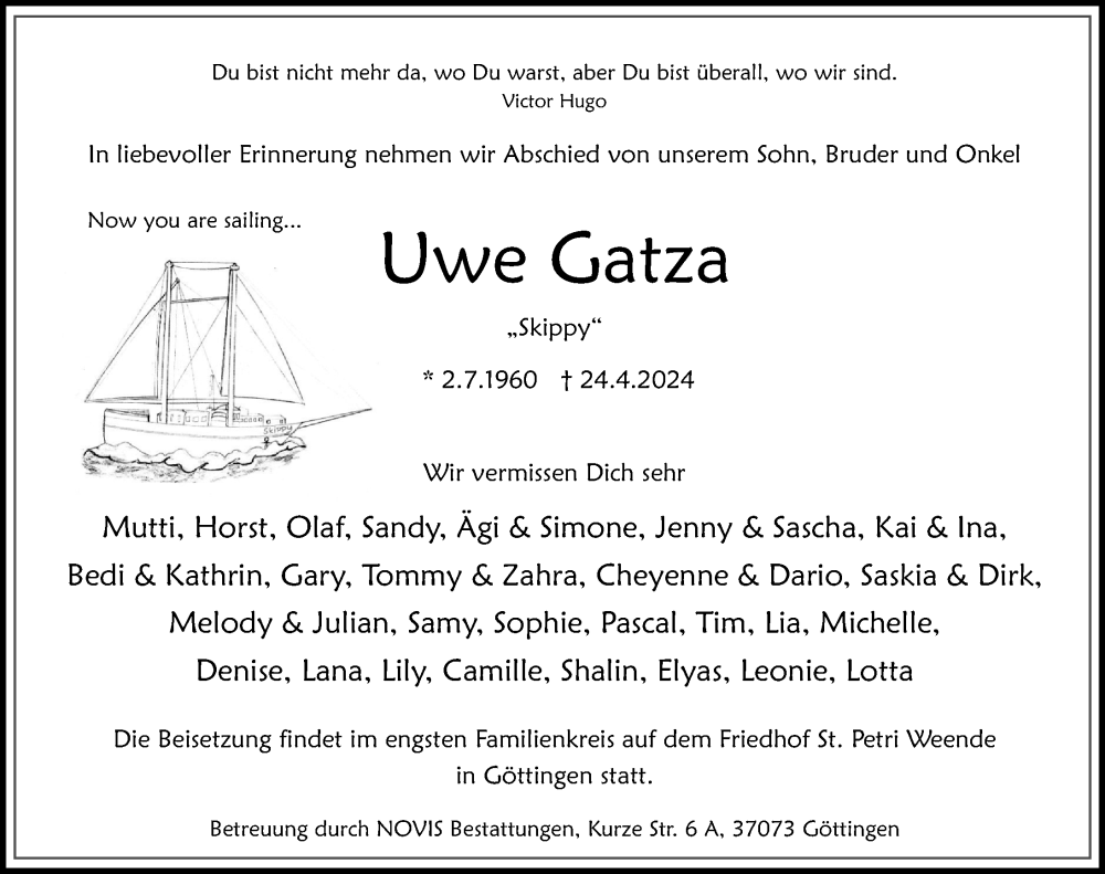  Traueranzeige für Uwe Gatza vom 04.05.2024 aus Göttinger Tageblatt