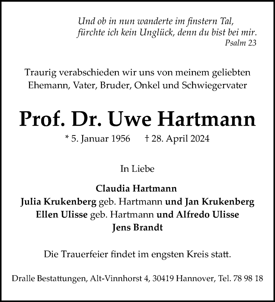  Traueranzeige für Uwe Hartmann vom 04.05.2024 aus Hannoversche Allgemeine Zeitung/Neue Presse