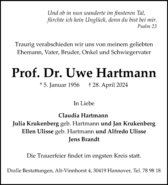 Traueranzeige von Uwe Hartmann von Hannoversche Allgemeine Zeitung/Neue Presse