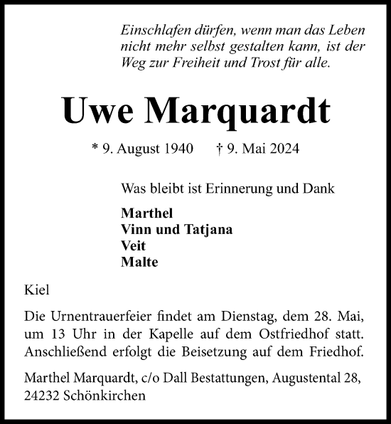 Traueranzeige von Uwe Marquardt von Kieler Nachrichten