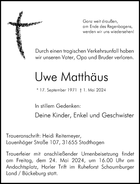 Traueranzeige von Uwe Matthäus von Schaumburger Nachrichten und Schaumburger Zeitung/ Landes-Zeitung