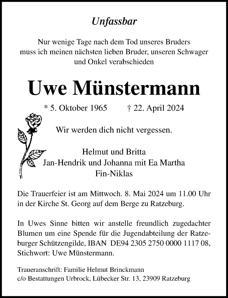  Traueranzeige für Uwe  Münstermann vom 05.05.2024 aus Lübecker Nachrichten