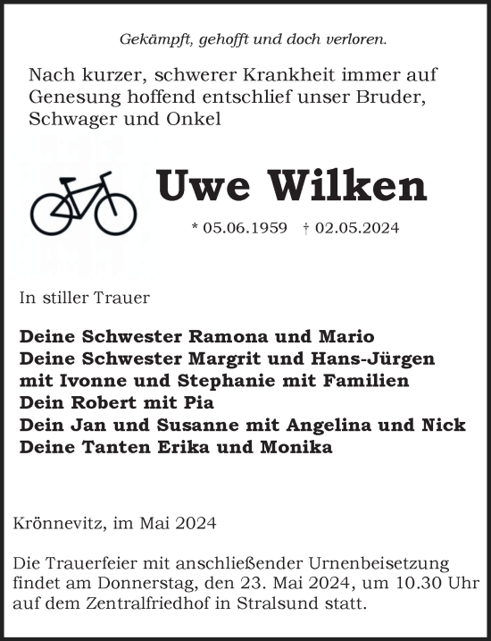 Traueranzeige von Uwe Wilken von Ostsee-Zeitung GmbH