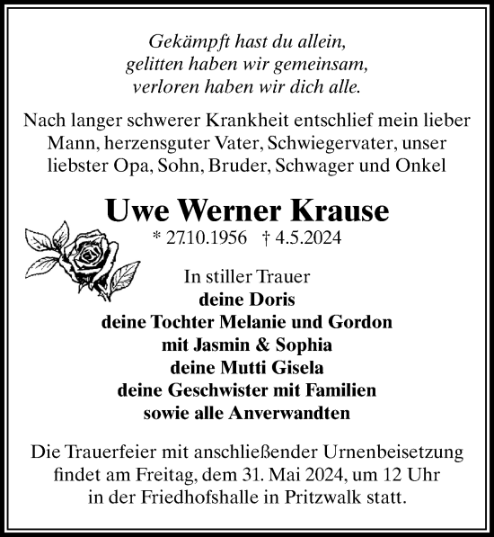 Traueranzeige von Uwe Werner Krause von Wochenspiegel
