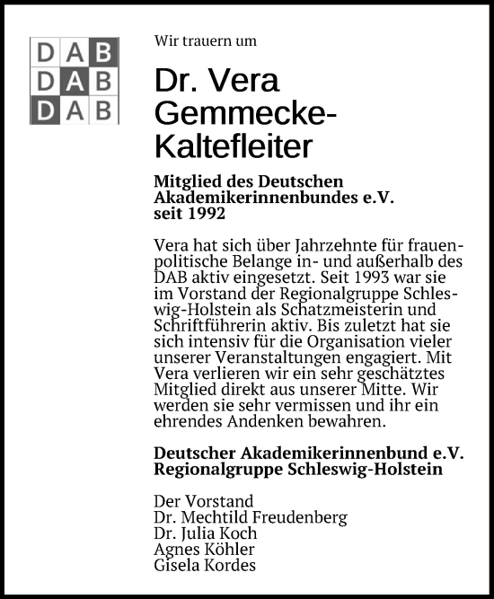 Traueranzeige von Vera Gemmecke-Kaltefleiter von Kieler Nachrichten