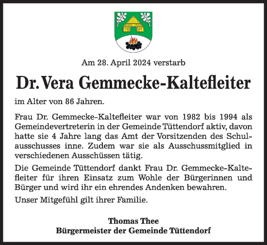 Traueranzeige von Vera Gemmecke-Kaltefleiter von Kieler Nachrichten