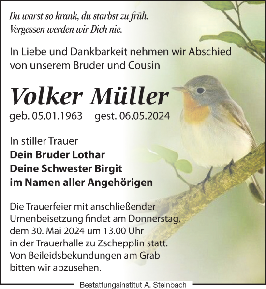 Traueranzeige von Volker Müller von Leipziger Volkszeitung