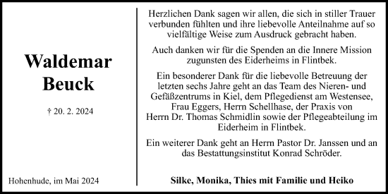 Traueranzeige von Waldemar Beuck von Kieler Nachrichten