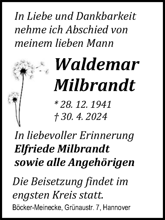 Traueranzeige von Waldemar Milbrandt von Hannoversche Allgemeine Zeitung/Neue Presse