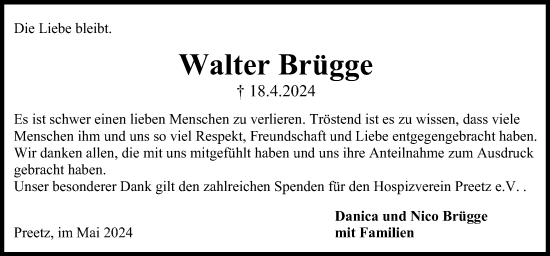 Traueranzeige von Walter Brügge von Kieler Nachrichten