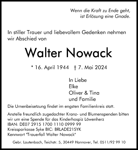 Traueranzeige von Walter Nowack von Hannoversche Allgemeine Zeitung/Neue Presse