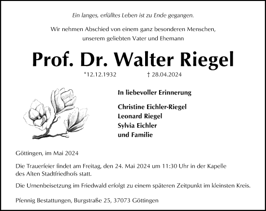 Traueranzeige von Walter Riegel von Göttinger Tageblatt