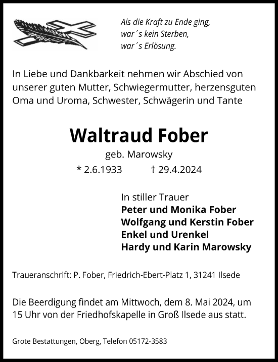 Traueranzeige von Waltraud Fober von Peiner Allgemeine Zeitung