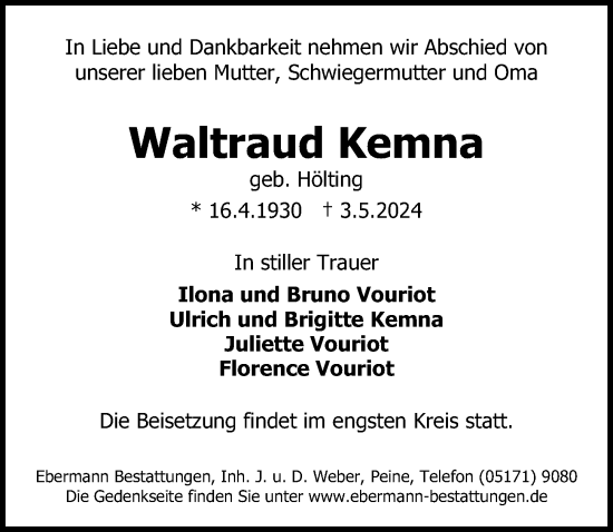 Traueranzeige von Waltraud Kemna von Peiner Allgemeine Zeitung