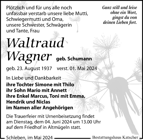 Traueranzeige von Waltraud Wagner von Leipziger Volkszeitung