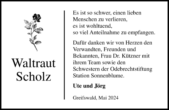Traueranzeige von Waltraut Scholz von Ostsee-Zeitung GmbH