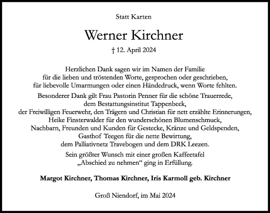 Traueranzeige von Werner Kirchner von Kieler Nachrichten