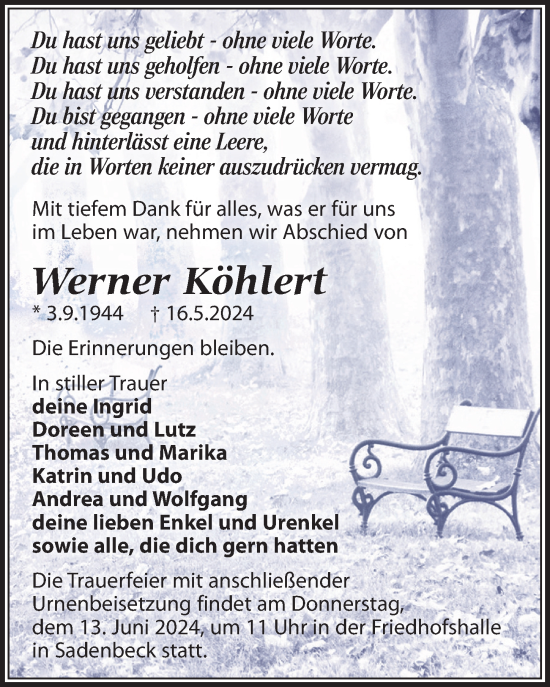 Traueranzeige von Werner Köhlert von Wochenspiegel