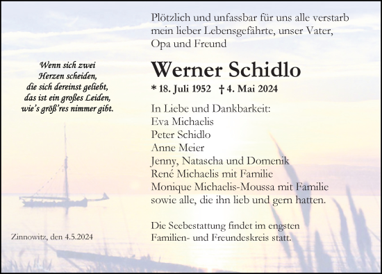 Traueranzeige von Werner Schidlo von Ostsee-Zeitung GmbH