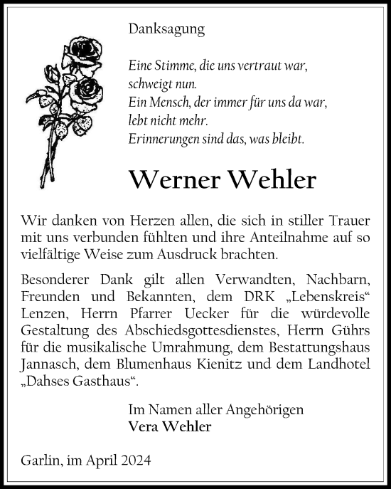 Traueranzeige von Werner Wehler von Märkischen Allgemeine Zeitung