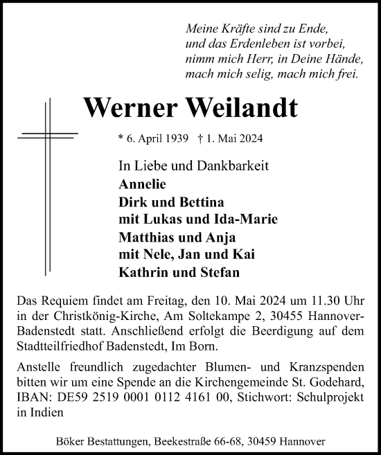 Traueranzeige von Werner Weilandt von Hannoversche Allgemeine Zeitung/Neue Presse