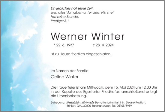 Traueranzeige von Werner Winter von Hannoversche Allgemeine Zeitung/Neue Presse