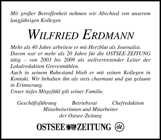 Traueranzeige von Wilfried Erdmann von Ostsee-Zeitung GmbH