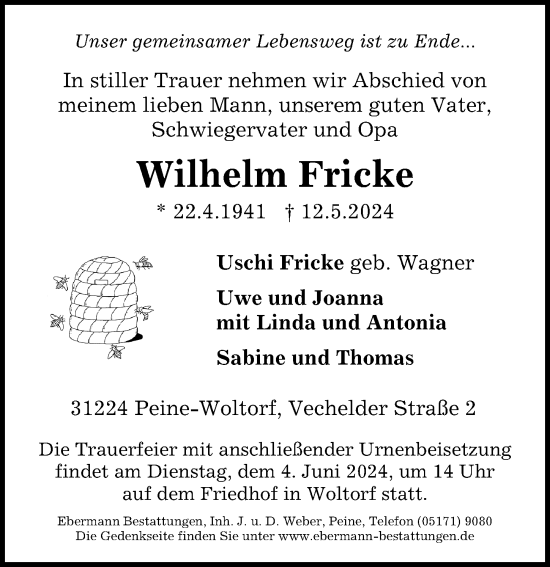 Traueranzeige von Wilhelm Fricke von Peiner Allgemeine Zeitung