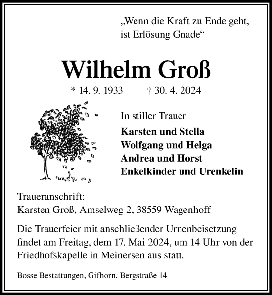Traueranzeige von Wilhelm Groß von Aller Zeitung