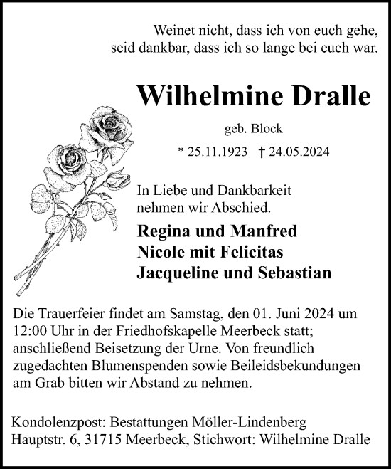Traueranzeige von Wilhelmine Dralle von Schaumburger Nachrichten