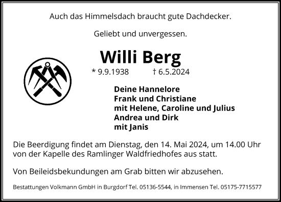 Traueranzeige von Willi Berg von Hannoversche Allgemeine Zeitung/Neue Presse