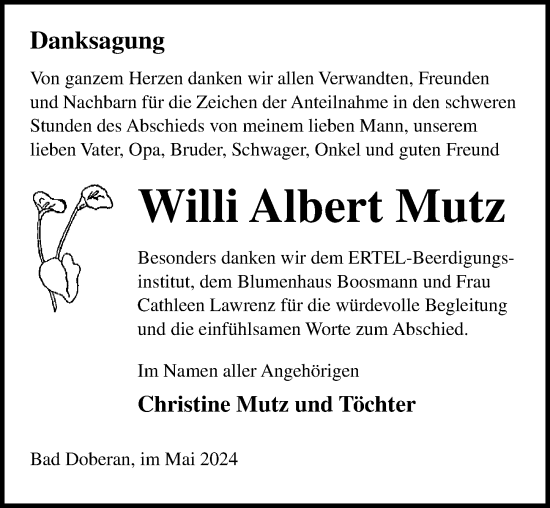 Traueranzeige von Willi Albert Mutz von Ostsee-Zeitung GmbH