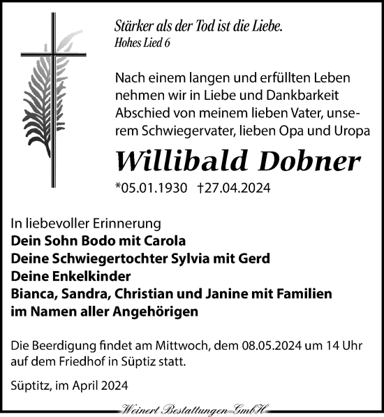 Traueranzeige von Willibald Dobner von Torgauer Zeitung