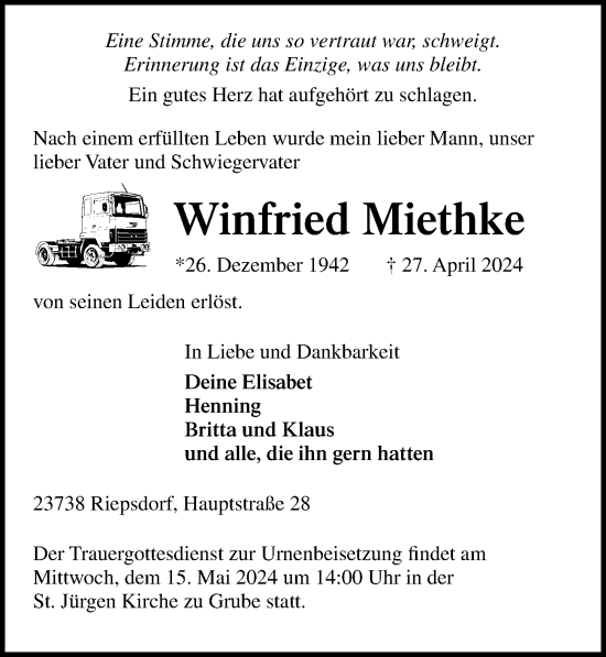 Traueranzeige von Winfried Miethke von Lübecker Nachrichten