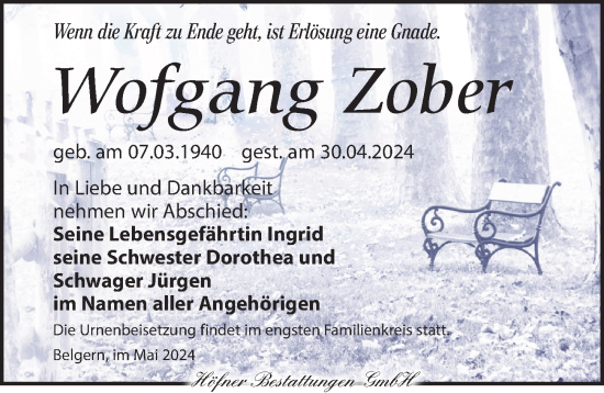 Traueranzeige von Wofgang Zober von Torgauer Zeitung