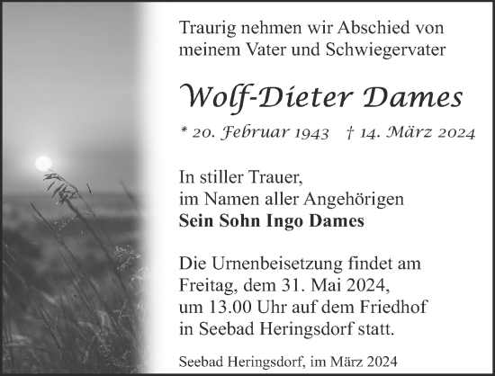 Traueranzeige von Wolf-Dieter Dames von Ostsee-Zeitung GmbH