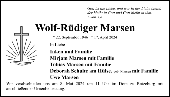 Traueranzeige von Wolf-Rüdiger Marsen von Lübecker Nachrichten