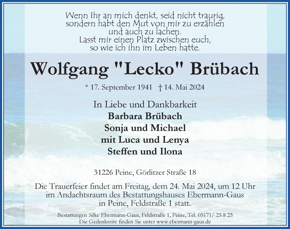  Traueranzeige für Wolfgang  Brübach vom 18.05.2024 aus Peiner Allgemeine Zeitung