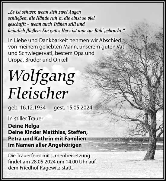Traueranzeige von Wolfgang Fleischer von Leipziger Volkszeitung