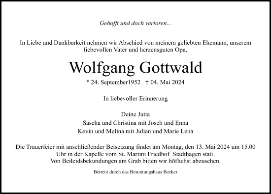 Traueranzeige von Wolfgang Gottwald von Schaumburger Nachrichten