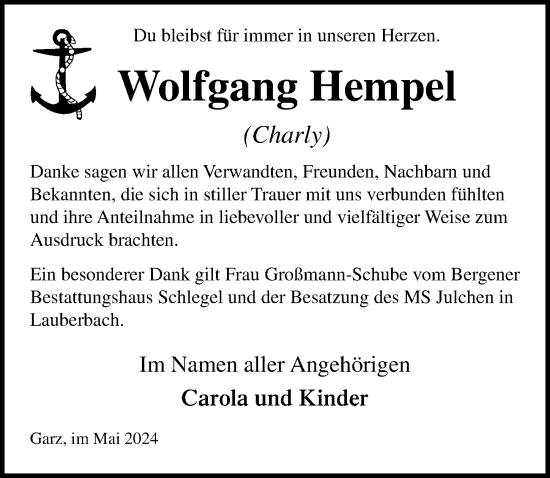 Traueranzeige von Wolfgang Hempel von Ostsee-Zeitung GmbH