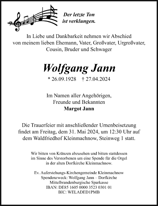 Traueranzeige von Wolfgang Jann von Märkischen Allgemeine Zeitung